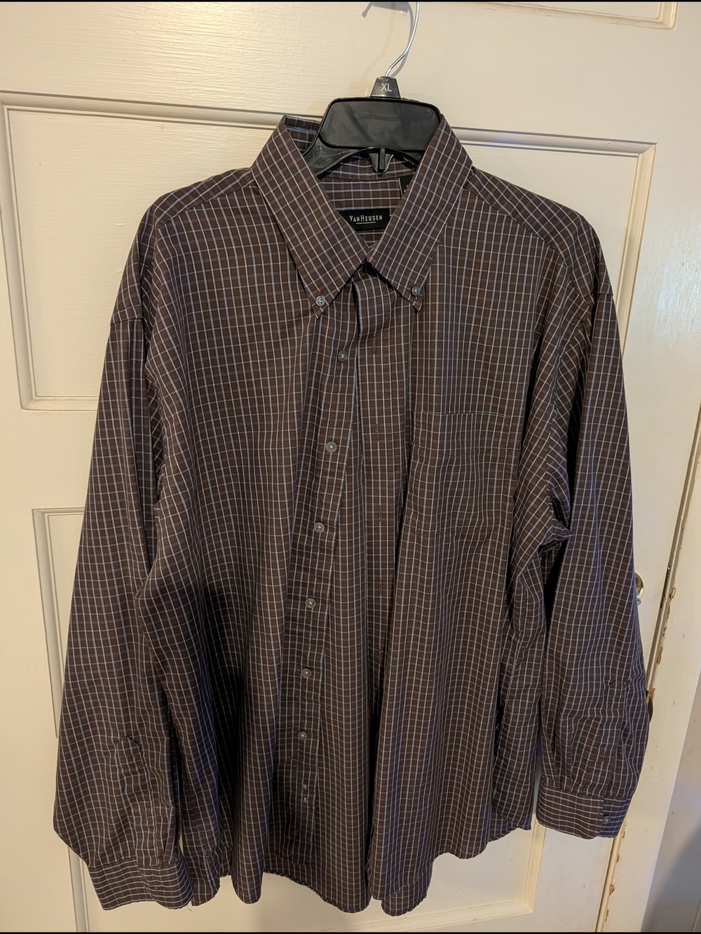 Van Heusen Men’s Dark Brown Plaid Button-Up Dress Shirt